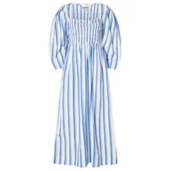 Ganni Stripe Cotton Open-neck Smock Long Dress