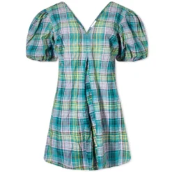 GANNI Seersucker Check V-Neck Mini Dress