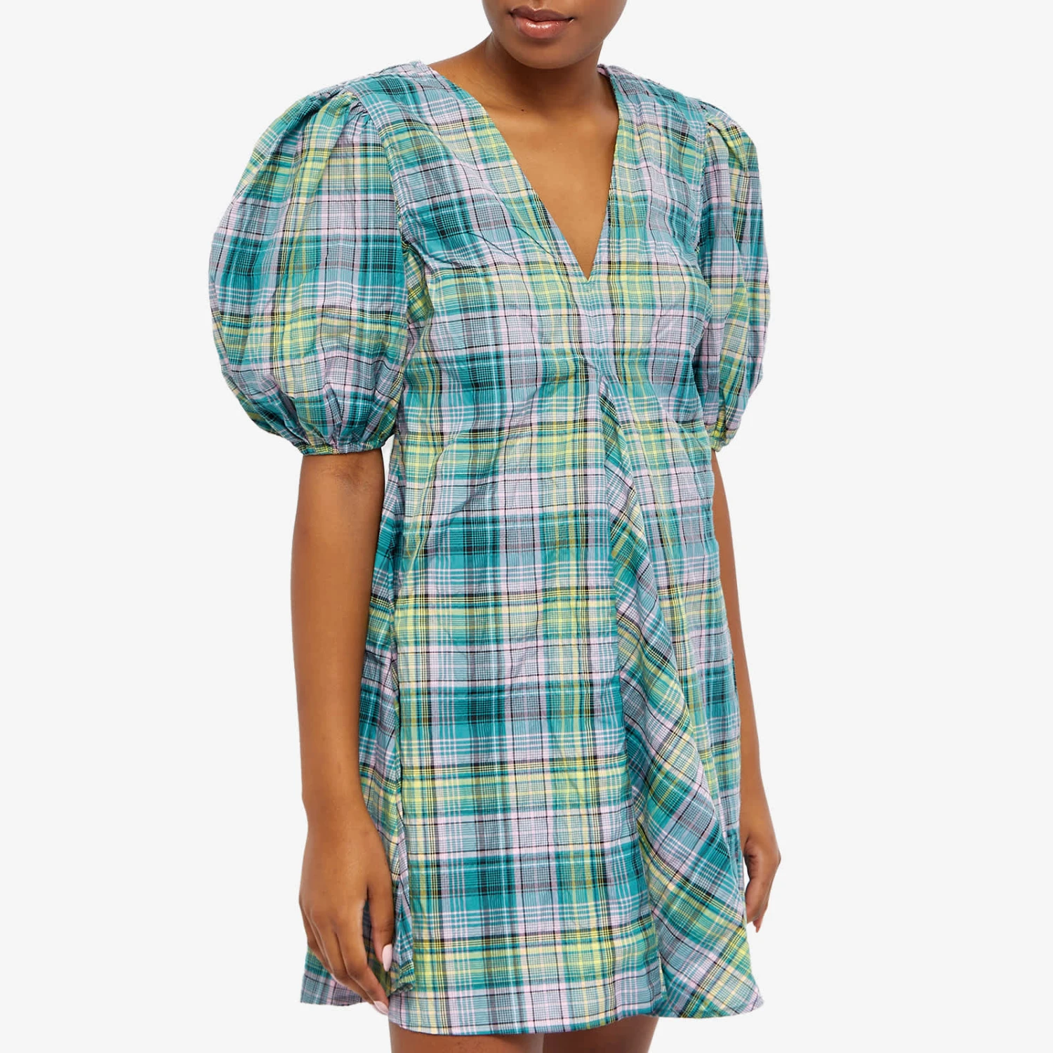 GANNI Seersucker Check V-Neck Mini Dress 2 GANNI Seersucker Check V-Neck Mini Dress - Image 2